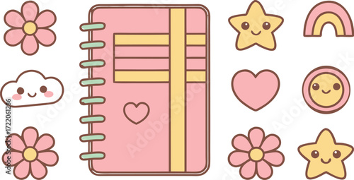 Cute hand drawn doodle stickers aesthetic planner journal supplies kawaii style icons set