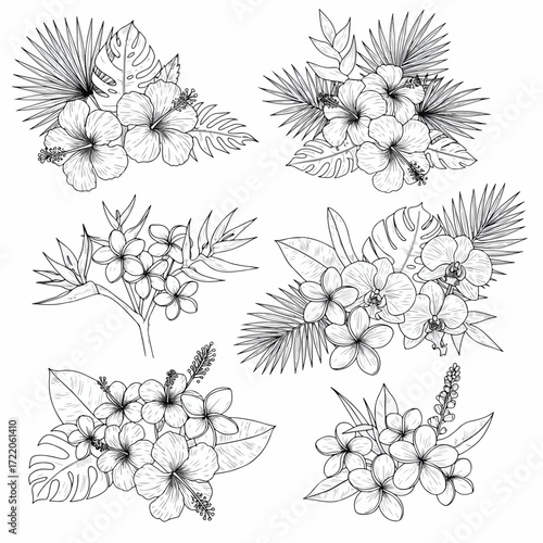 Elegant tropical flowers and foliage line art for invitations, stationery, branding, and creative projects with timeless botanical beauty and charm