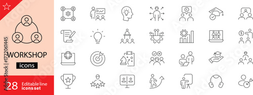 Workshop icons set. Includes symbols of tools, equipment, gears, repair, construction, maintenance, and settings. Editable stroke. Vector illustration. Outline icons. Perfect for engineering, repair, 