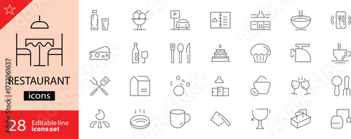 Restaurant icons set. Includes symbols of dining, food, beverages, menu, cutlery, chef, and hospitality. Editable stroke. Vector illustration. Outline icons. Perfect for food, and dining. 