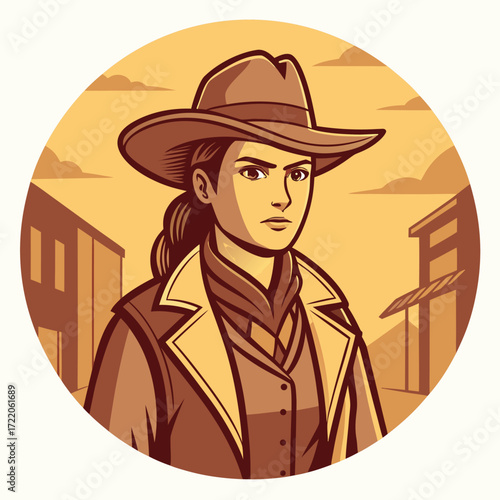 Lone cowgirl rides into dusty western town at sunset cinematic style