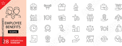 Employee benefits icons set. Includes symbols of insurance, healthcare, retirement plans, paid leave, wellness programs, rewards, and compensation. Editable stroke. Vector illustration. Outline icons.
