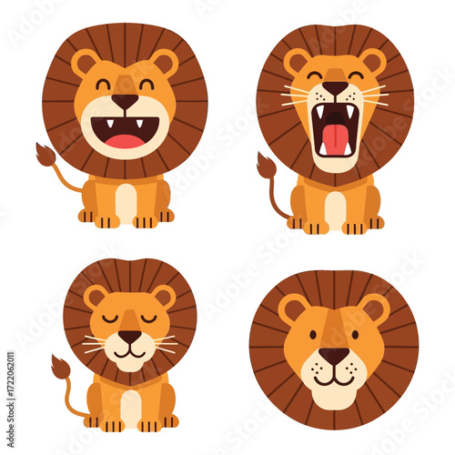 Cute cartoon lion faces roaring and smiling fun graphic set for kids