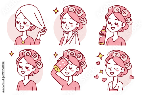 Cartoon Woman Performing Hair Care Routine in Six Stages for Beauty and Personal Care Concepts