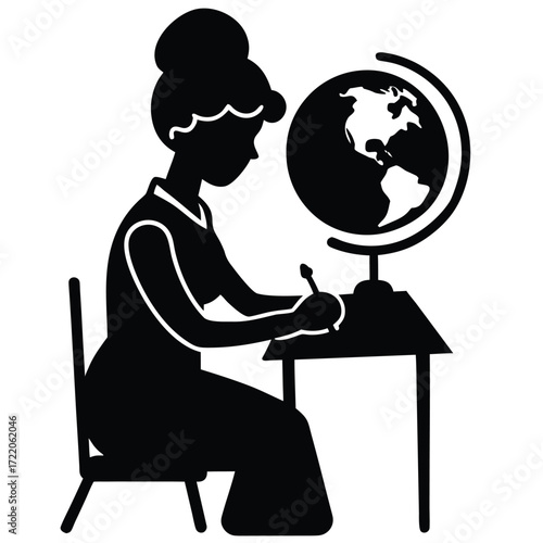 Silhouette of a Woman Studying a Globe at a Desk 