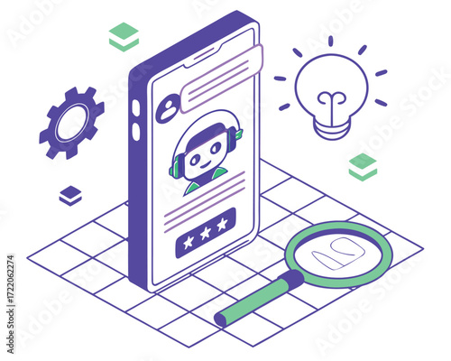 Isometric Illustration of Mobile Customer Service Chatbot Solution with Lightbulb Idea and Search Symbol