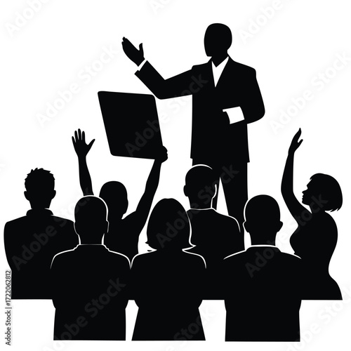 Silhouette Speaker Addressing Engaged Audience with Raised Hands presentation meeting