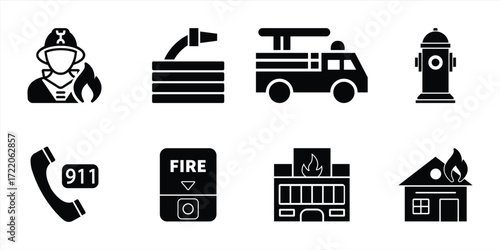 Firefighter and Emergency Icon Set – Vector Illustration of Fireman, Fire Truck, Hose, Hydrant, Emergency Call 911, Fire Alarm, Burning Building, and House Fire for Safety, Rescue, and Fire Department