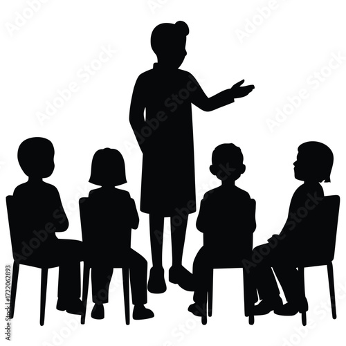 Teacher instructing children in a classroom setting silhouette kids education
