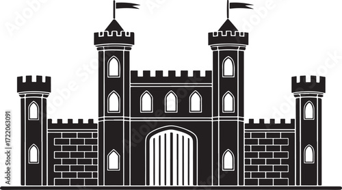 Black silhouette of a medieval castle with towers and flags fortress architecture