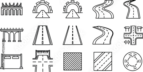 Rail traffic, pedestrian underpass. Road and bridge line art. Median stripe parking and tunnel icons. Street map, roll road intersection, entrance gate, highway express lane icons. 