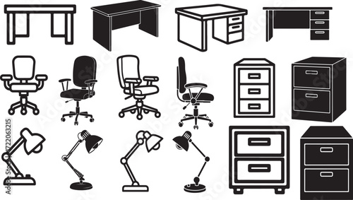 Collection of Office Furniture and Desk Accessories Icons office chair filing cabinet
