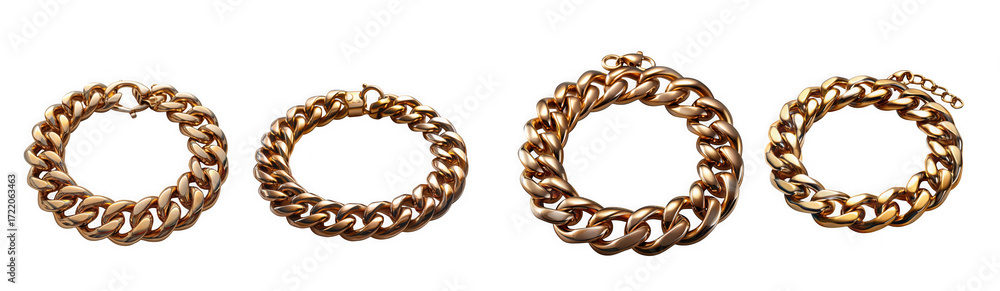 Obraz premium Four different gold chain bracelets, isolated on transparent background