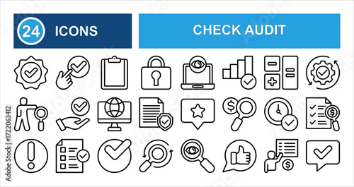 Minimalist check audit line icon set with editable stroke, featuring cupboard, target, message, auditor, consent, revision, review, money audit, checking, and audit in a clean thin linear style.