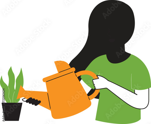Person watering a plant with an orange watering can