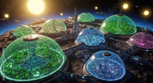 Futuristic Extraterrestrial Colony with Vibrant Geodesic Domes and Advanced Spacecraft Under a Bright Sun