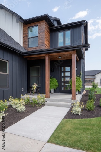 Wallpaper Mural The entrance of a contemporary black house is beautifully complemented by wooden accents, while a meticulously cared-for garden pathway reaches out in the bright light of day Torontodigital.ca