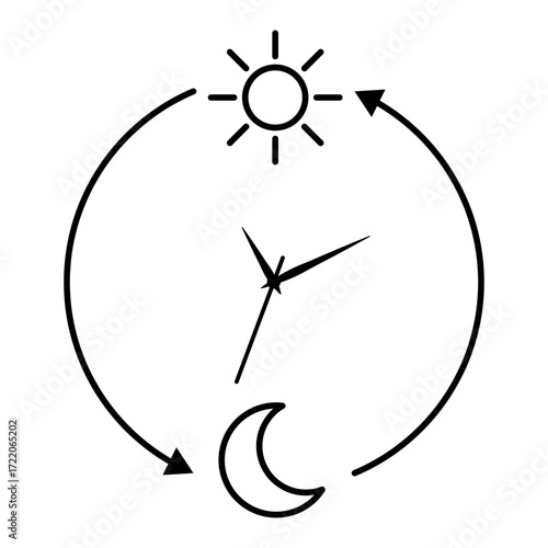 Clock with sun and moon cycle icon, day and night time concept, circular arrows showing daily routine, schedule and time management symbol. Editable stroke. Illustration for design and infographic