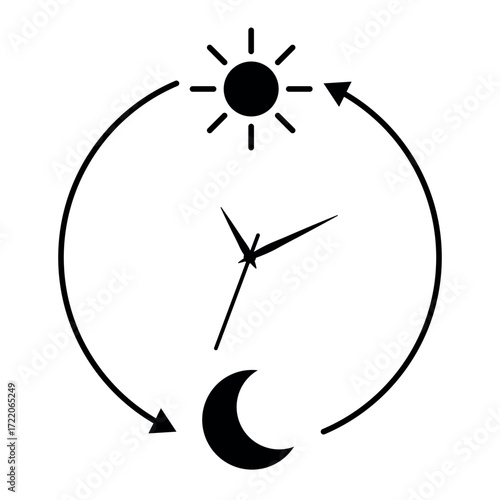 Circadian rhythm concept with clock sun and moon cycle, biological daily rhythm illustration, day and night time management, body natural schedule, abstract black and white minimal icon design