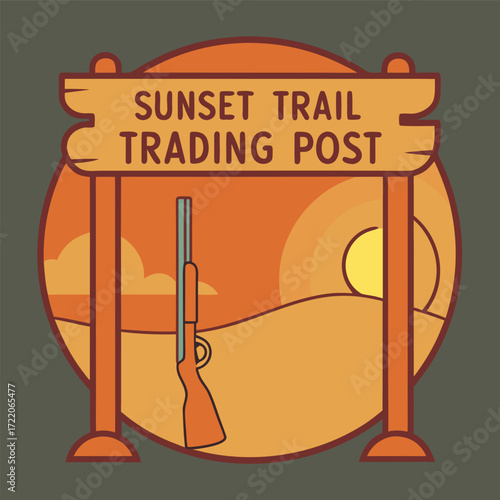 Rustic sunset trail trading post sign with rifle and desert sunset scene