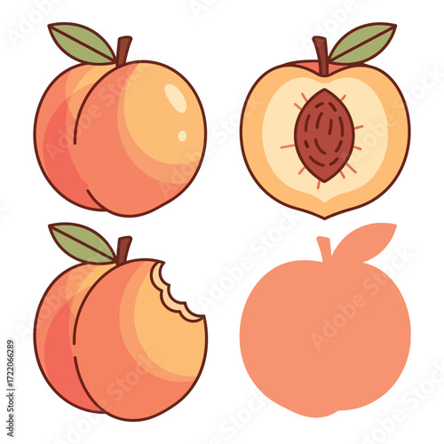 Sweet peach fruit graphics collection juicy whole sliced bitten silhouette