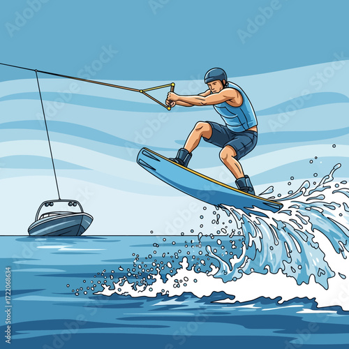 Exciting water sport adventure with wakeboarding man jumping high above the waves with a boat in the distance, showcasing a vibrant summer day activity
