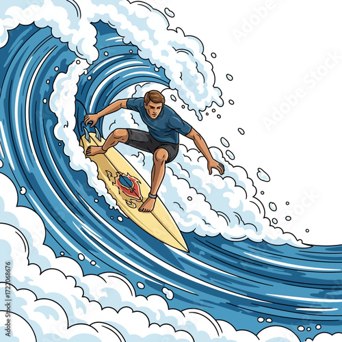 Dynamic surfer carving through a vibrant blue wave, perfect for summer promotions or adventure travel campaigns with an energetic youthful vibe