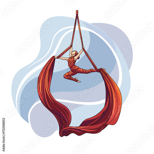 Graceful acrobat performing aerial silks routine with strength and artistry, a mesmerizing display of athletic skill and artistic expression in vibrant red