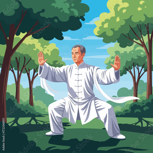 Find inner peace with Tai Chi in nature, a serene moment of mindfulness and wellness for your health and fitness content needs in the great outdoors
