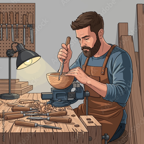 Skilled artisan carefully carving beautiful wooden bowl in his workshop, crafting handcrafted art with passion and precision for a timeless design