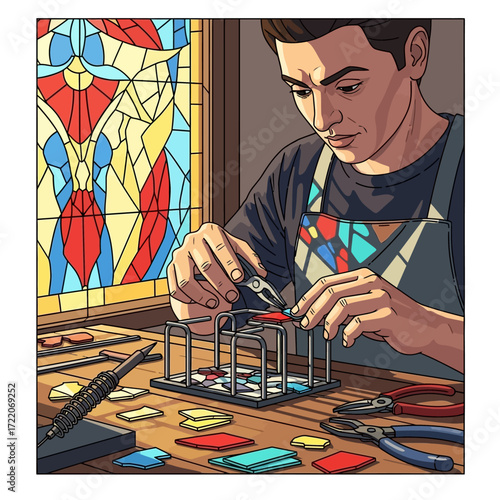 Passionate craftsman creating stunning stained glass artwork in vibrant workshop, a beautiful and unique art form perfect for creative businesses