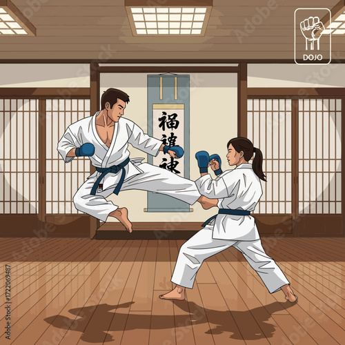 Dynamic karate fighters training in traditional dojo, showcasing discipline and focus in an intense martial arts sparring session for fitness and self-defense