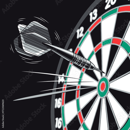 Dart hits bullseye on target, displaying precision and success, perfect for gaming, competition, or achieving goals metaphors in business or marketing.