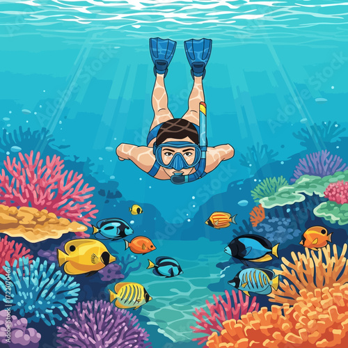 Experience vibrant undersea life with a scuba diver exploring colorful coral reefs and tropical fish in a serene blue ocean adventure