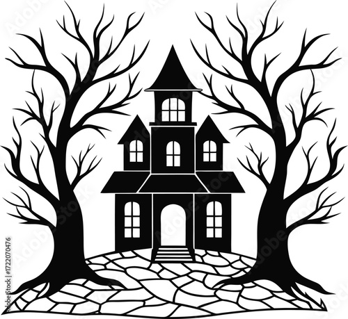 Vector art of silhouette of a haunted house with spooky trees on a cobblestone path
