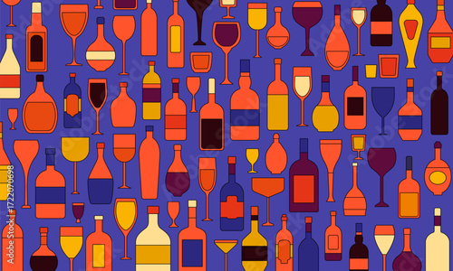 Seamless pattern with wine bottles, glasses and alcohol drinks. Abstract background for bar menu. Geometric pattern with line bottles with wine, champagne, beer, cocktail glasses, vector illustration