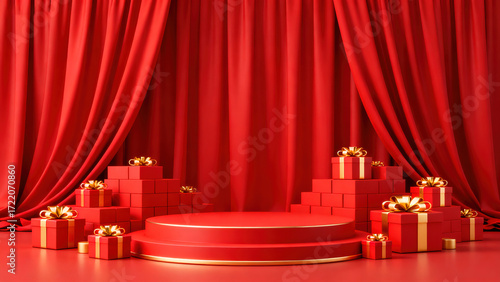 Festive Red Stage with Gifts and Golden Ribbons