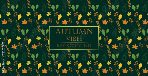 Autumn leaves set isolated on green panoramic background pattern - Vector illustration