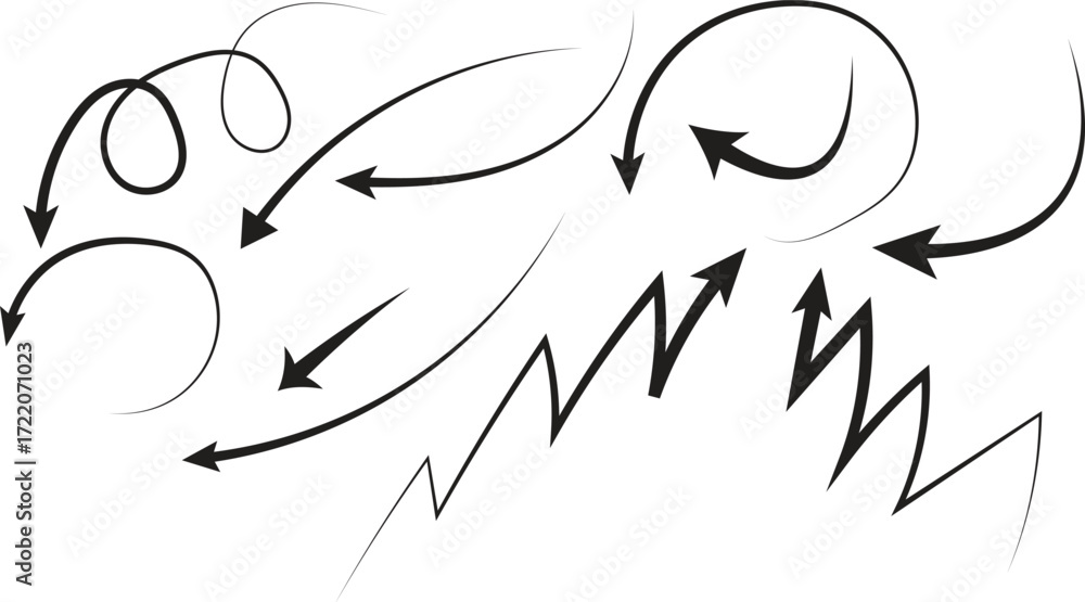 Obraz premium Collection of Hand- Drawn Black Arrows and Jagged Lines on White Keywords: arrow, arrows, hand-drawn, sketch, doodle, curved arrow