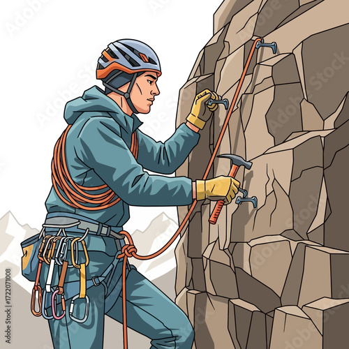 Brave climber scaling a mountain face with ropes and gear, showcasing determination and adventure in the great outdoors, pushing limits with every move