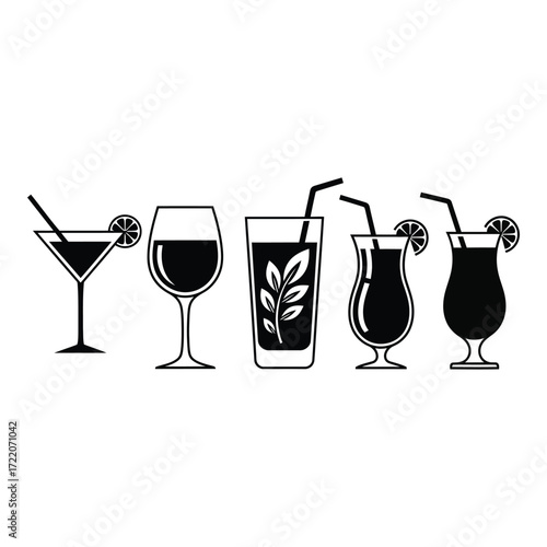 Diverse collection of classic cocktail glasses and drinks icons ready for design projects
