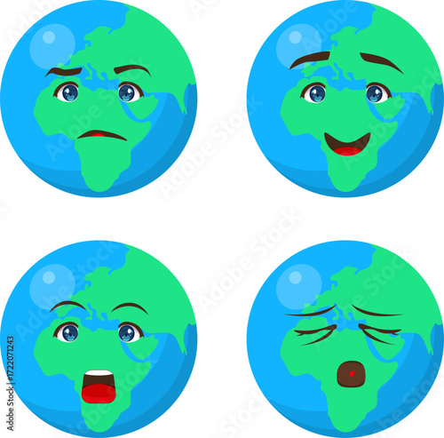 Set of Earth planet illustrations with 4 different facial emotions and expressions. Perfect for children, school projects, educational materials, and posters