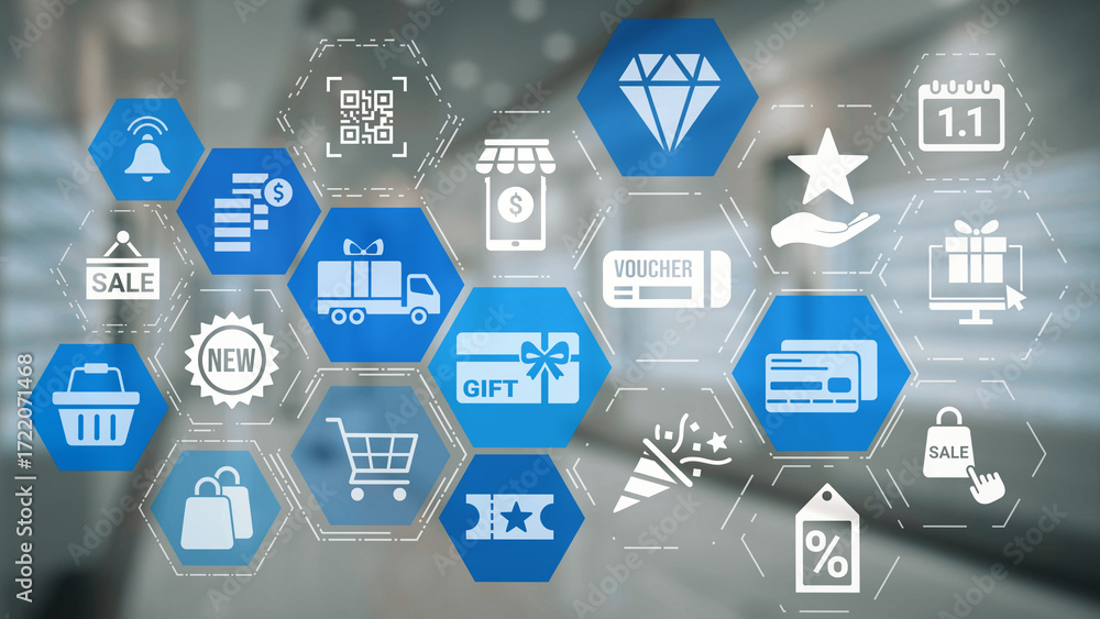 Naklejka premium Digital gift card icons show e-commerce, payment, and digital gift card redemption. Digital gift card supports online shopping, secure payment, and customer loyalty programs. Gist