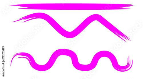 A set of three vibrant magenta brush strokes: one straight, one zigzag, and one wavy line.