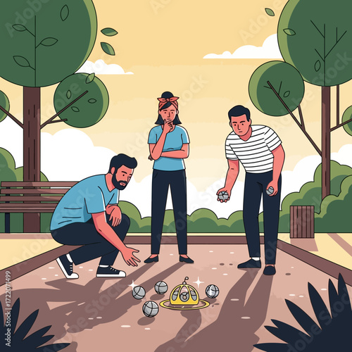 Friends enjoy a relaxing afternoon playing pétanque in the park, a classic game of strategy and skill under the warm sunshine, perfect for summer fun