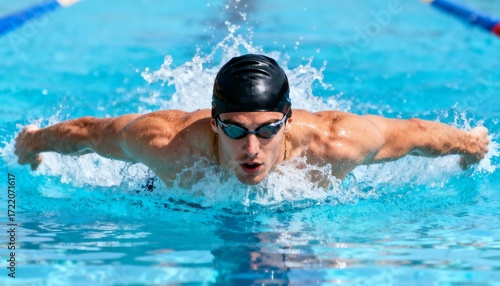 Young man swimming butterfly stroke in pool, splashing clear blue water