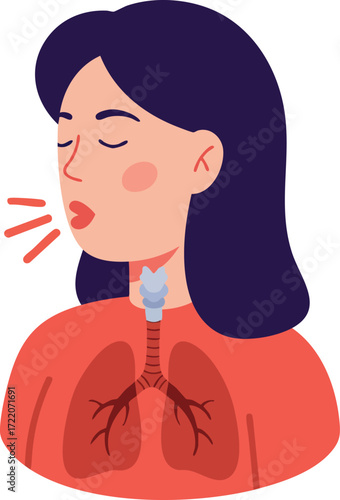 Illustration of a woman coughing with lungs visible in her chest