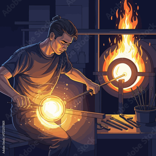 Watch a skilled glassblower create stunning art with molten glass in a fiery workshop, showcasing craftsmanship and creativity in a vibrant, modern style