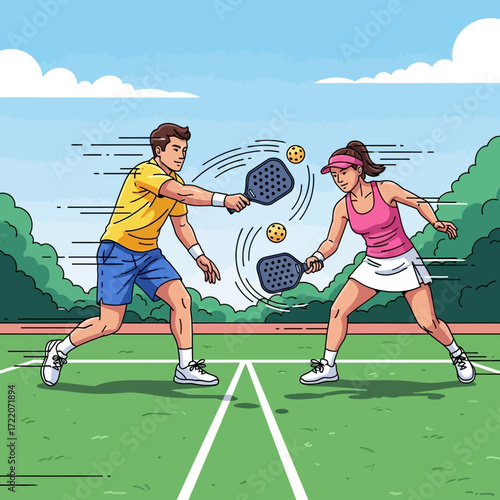 Dynamic pickleball match between active man and woman on court, perfect for sports, fitness, and fun lifestyle campaigns with a vibrant and energetic feel