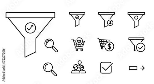 Linear icon set illustrating the stages of a marketing sales funnel, from customer search to successful conversion and purchase